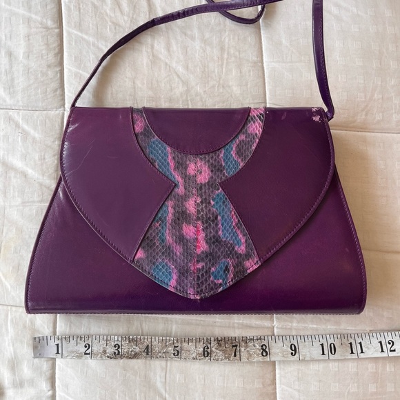 Vintage 80s Genuine Leather Snakeskin Crossbody Clutch Bag OS Purple Multi - Picture 10 of 16